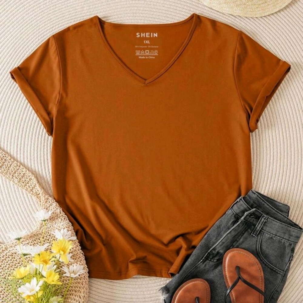 Plus Size Rust Short Sleeve V-Neck Tee